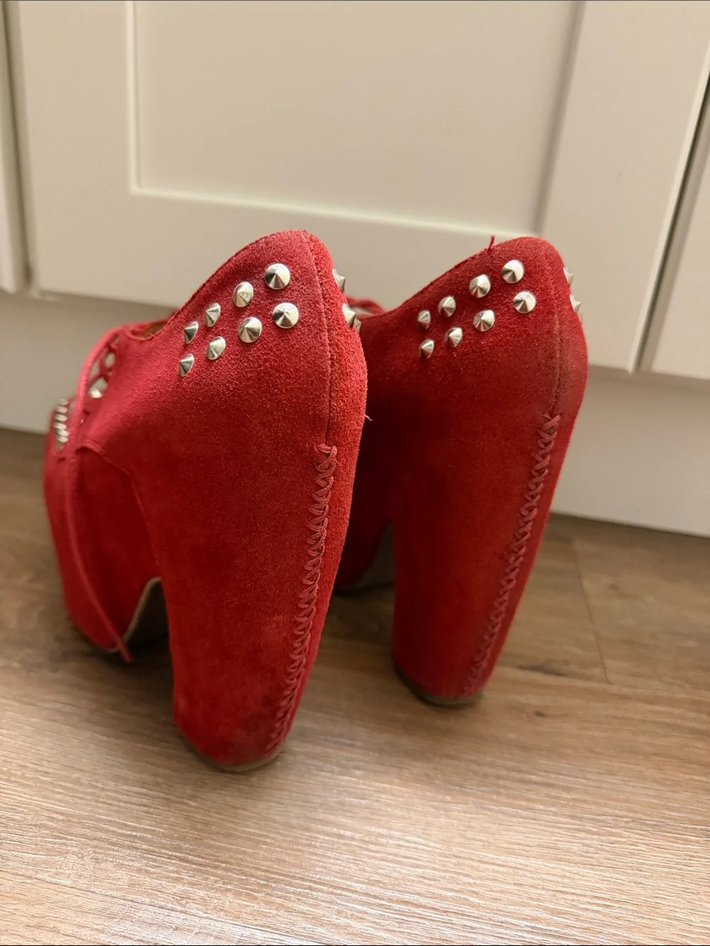 Jeffrey Campbell Red Studded Suede Platform Lace-Up Heels